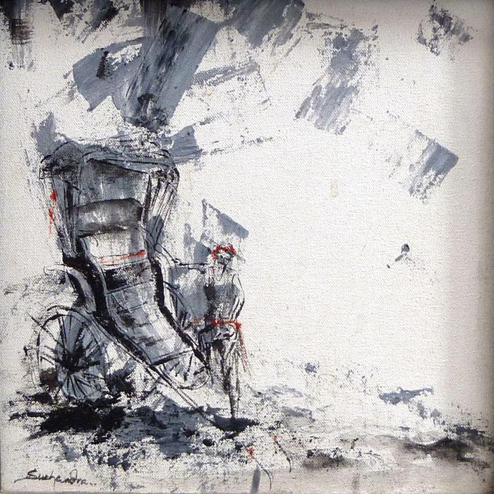 Figurative acrylic painting titled 'The Rickshaw Puller', 12x12 inches, by artist Suchandra Sen on Canvas