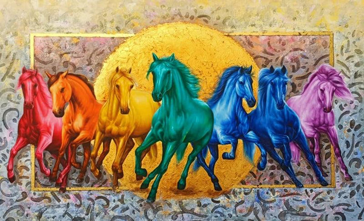 The Royal Rainbow 7 Horses Painting by Pradeep Kumar | ArtZolo.com
