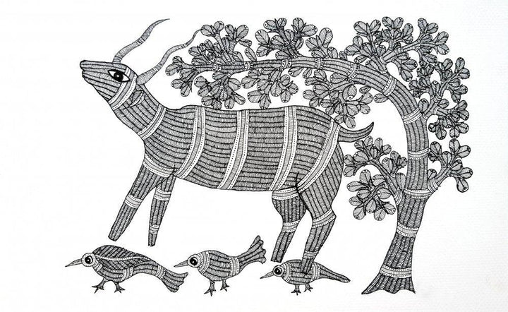The Scapegoat Gond Art Traditional Art by Umaid Singh Patta | ArtZolo.com