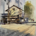 Landscape watercolor painting titled 'The Street 2', 20x14 inches, by artist Prasad Thite on Handmade Paper