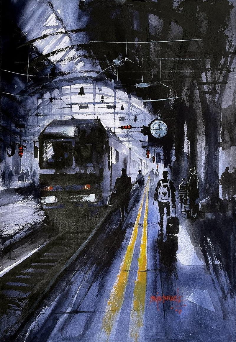 Cityscape watercolor painting titled 'The Train', 20x14 inches, by artist S. Dhawale on Handmade Paper