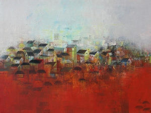 Abstract acrylic painting titled 'The Village', 36x48 inches, by artist M Singh on Canvas