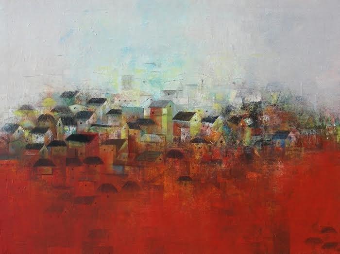 Abstract acrylic painting titled 'The Village', 36x48 inches, by artist M Singh on Canvas
