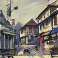 Cityscape watercolor painting titled 'The Village', 14x10 inches, by artist Prasad Thite on Handmade Paper