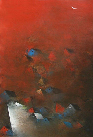 The Villages (Nightfall in the Village) by M Singh, Original Acrylic Abstract Painting on Canvas, Medium Vertical Wall Art