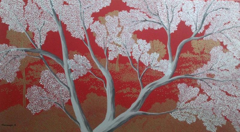 Nature acrylic painting titled 'The White Tree', 20x36 inches, by artist Shuvankar Maitra on Canvas