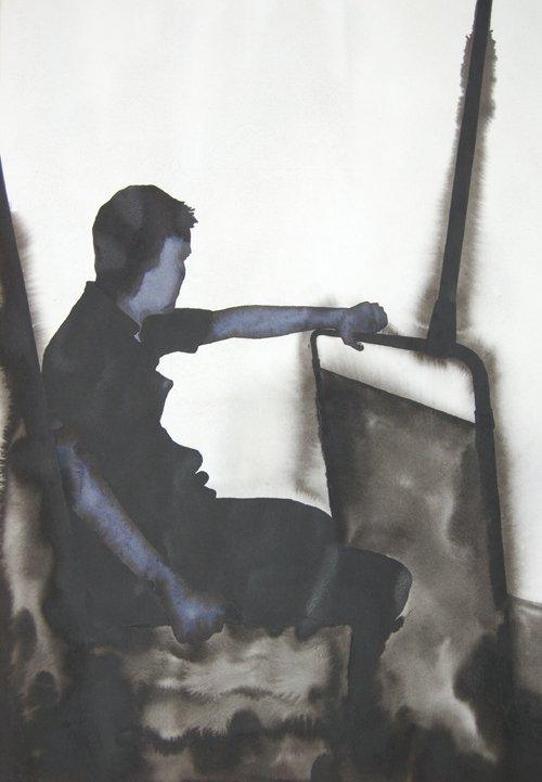 Figurative watercolor painting titled 'Thinking', 30x22 inches, by artist Manish  Sutar on Paper