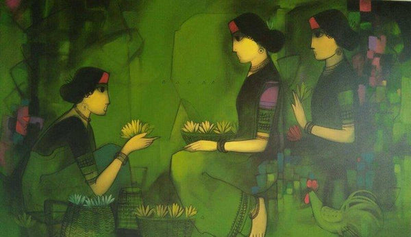 Three Flower Women Painting by Sachin Sagare | ArtZolo.com