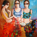 Figurative acrylic painting titled 'Three Friends', 36x36 inches, by artist Kamal Devnath on Canvas