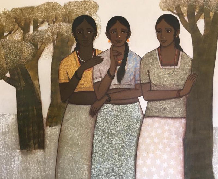 Three Girls Painting by Nagesh Ghodke | ArtZolo.com