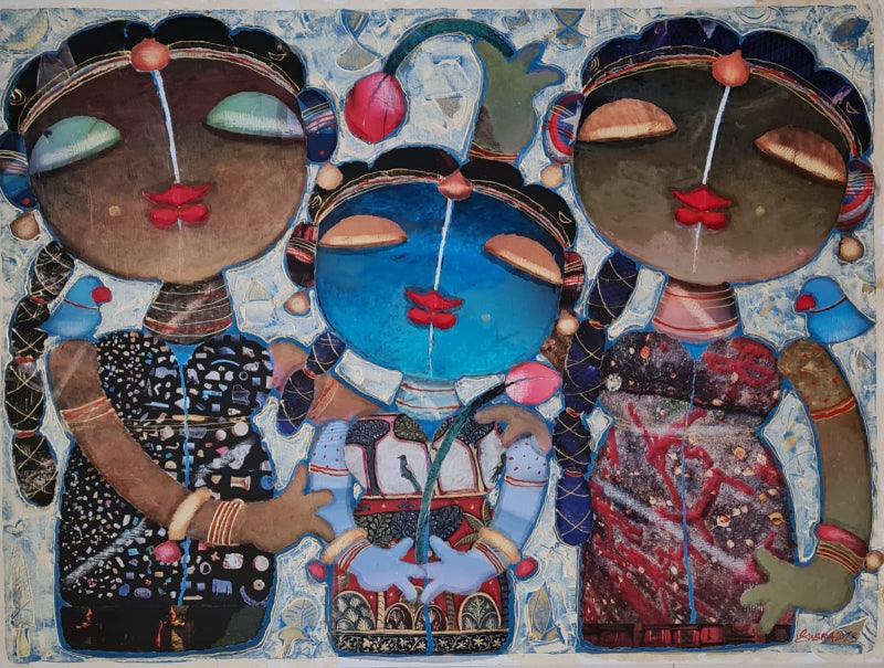 Figurative mixed media painting titled 'Three Sister', 30x40 inches, by artist G Subramanian on Canvas