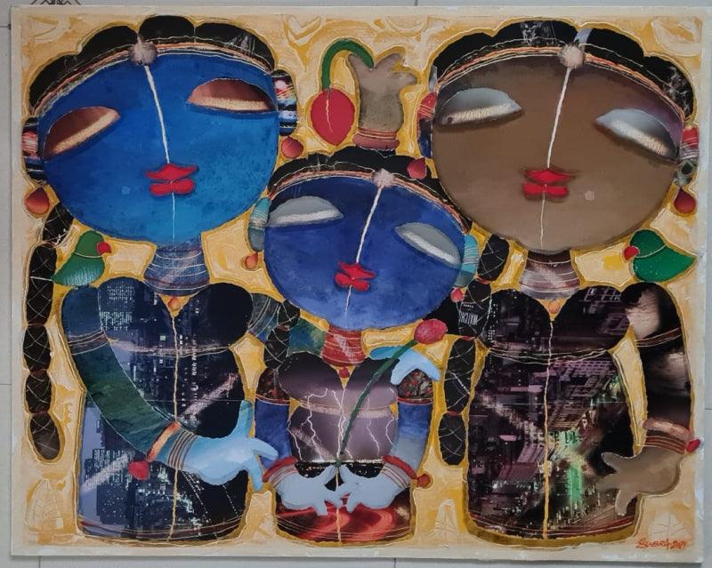 Figurative mixed media painting titled 'Three Wise Girls', 24x30 inches, by artist G Subramanian on Canvas