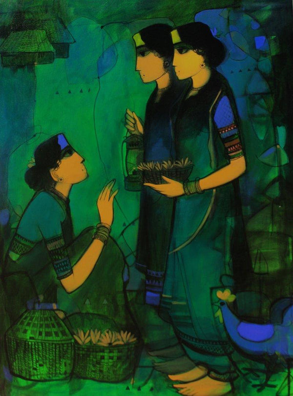 Figurative acrylic painting titled 'Three Women', 48x36 inches, by artist Sachin Sagare on Canvas