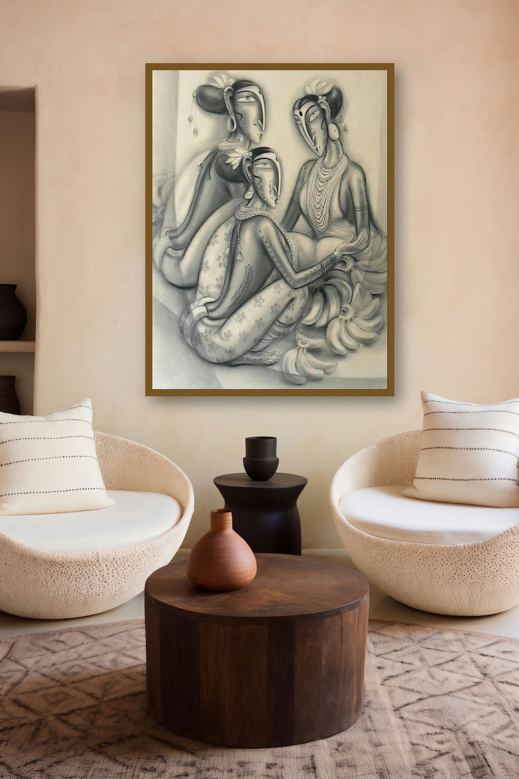 Three Women (A Bountiful Harvest) by artist Ramesh Pachpande displayed in a Luxury gallery