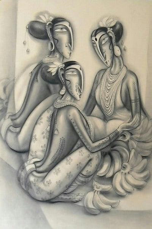 Three Women (A Bountiful Harvest) by Ramesh Pachpande, Original Charcoal Figurative Painting on Paper, Medium Vertical Wall Art