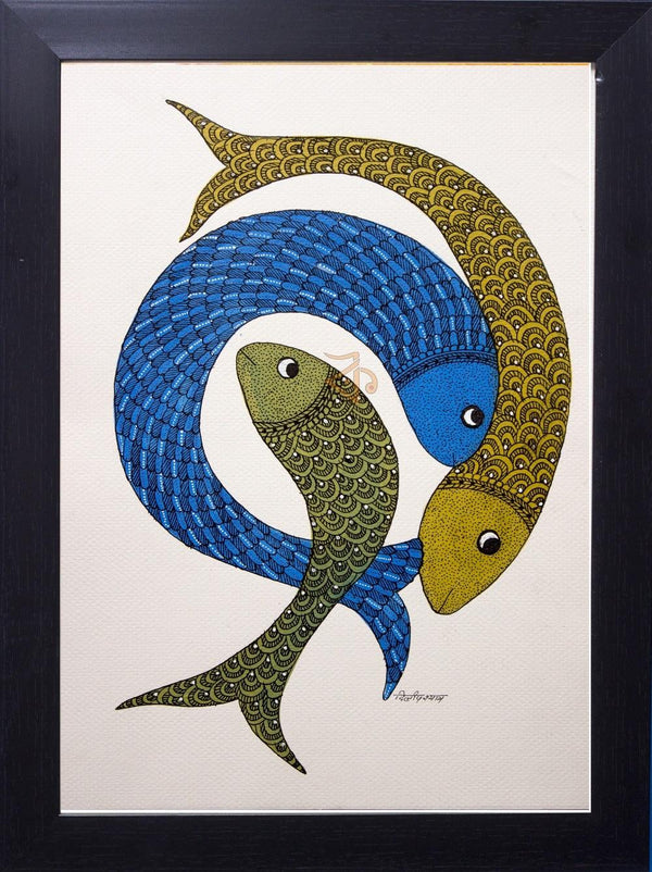Three Fish Gond Art Traditional Art by Kalavithi Art Ventures | ArtZolo.com