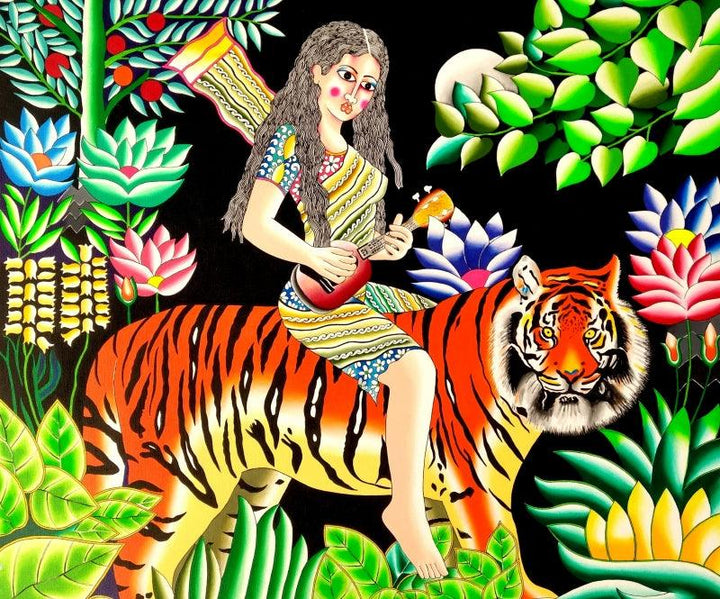 Tiger And Girl Painting by Ravi Kattakuri | ArtZolo.com