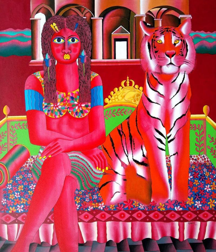 Tiger And Young Girl Painting by Ravi Kattakuri | ArtZolo.com