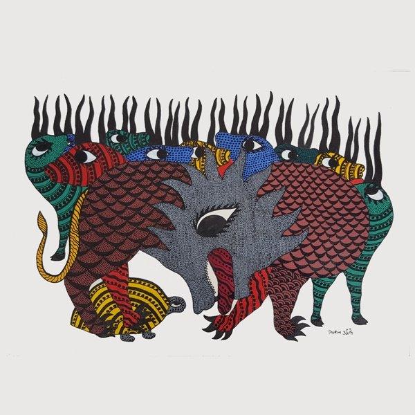 Tiger And Deers Gond Art Painting by De Kulture Works | ArtZolo.com