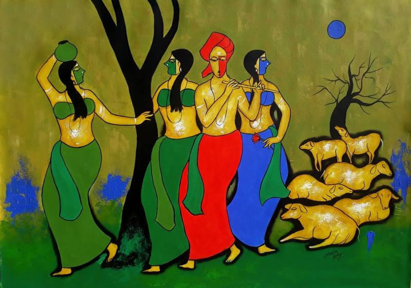 Figurative acrylic painting titled 'Together', 36x48 inches, by artist Chetan Katigar on Canvas