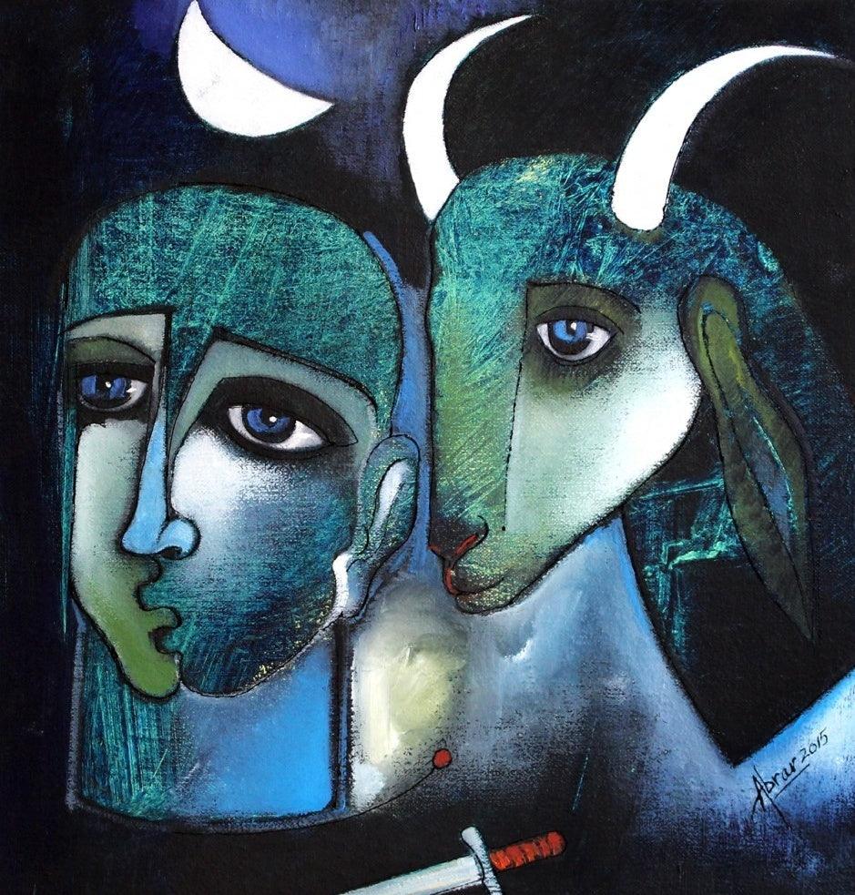 Figurative oil painting titled 'Together', 12x14 inches, by artist Abrar Ahmed on Canvas