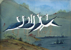 Together (Stilts by the Shore) by Rina Roy, Original Watercolor Figurative Painting on Paper, Small Horizontal Wall Art
