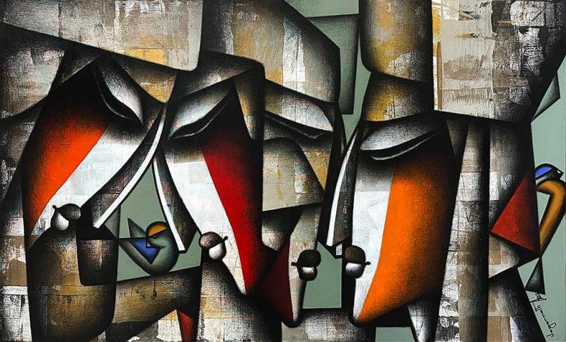 Figurative acrylic charcoal painting titled 'Togetherness 3', 36x60 inches, by artist Jagannath Paul on Canvas