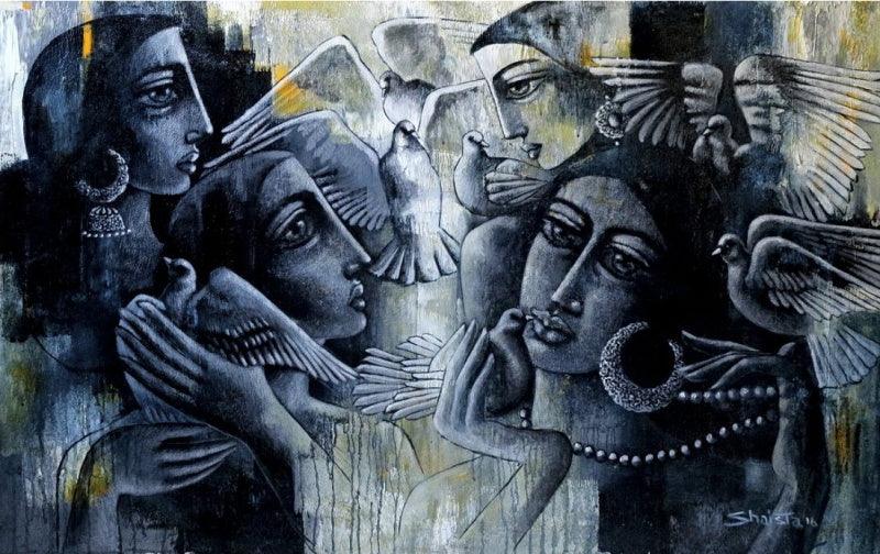 Figurative acrylic painting titled 'Togetherness', 26x42 inches, by artist Shaista Momin on Canvas