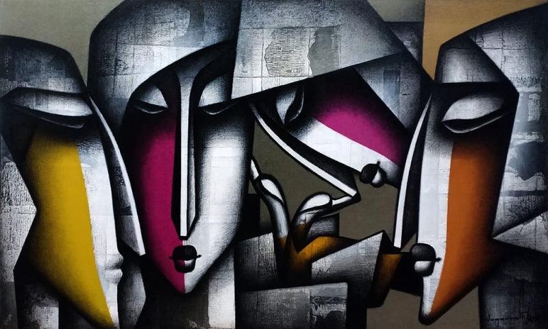 Figurative acrylic charcoal painting titled 'Togetherness', 36x60 inches, by artist Jagannath Paul on Canvas