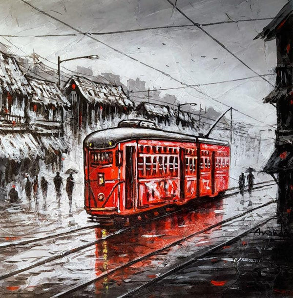 Tram In Calcutta Street 2 Painting by Ananda Das | ArtZolo.com