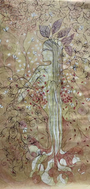 Tree Of Life (Woman in Bloom) by Bhavana Sonawane, Original Acrylic Figurative Painting on Canvas, Large Vertical Wall Art