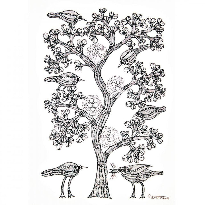 Tree With Birds Gond Art Traditional Art by Chitrakant Shyam | ArtZolo.com