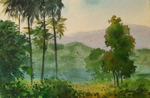 Trees (Verdant Horizon) by Madhukar Mahajan, Original Watercolor Nature Painting on Paper, X-Small Horizontal Wall Art