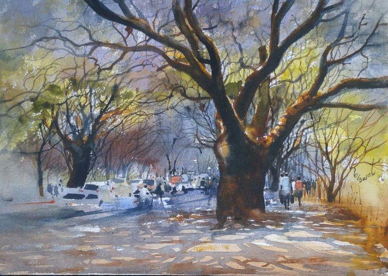 Cityscape watercolor painting titled 'Trees', 14x19 inches, by artist Bijay Biswaal on Paper