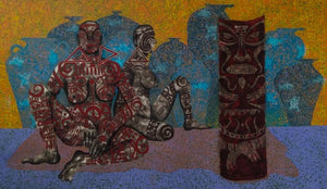 Tribal (Ancient Echoes) by Mandar Khadtar, Original Acrylic Erotic Painting on Canvas, Large Horizontal Wall Art