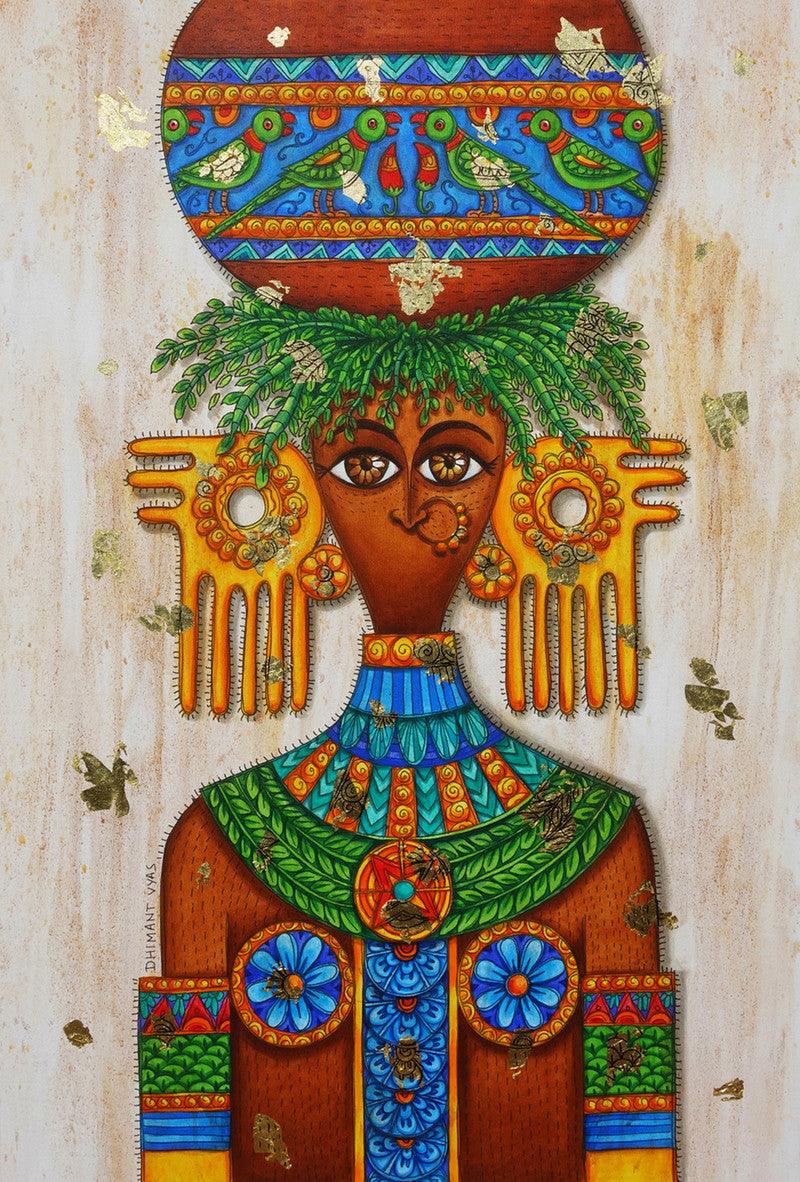 Figurative mixed media painting titled 'Tribal Beauty', 38x25 inches, by artist Dhimant Vyas on Canvas