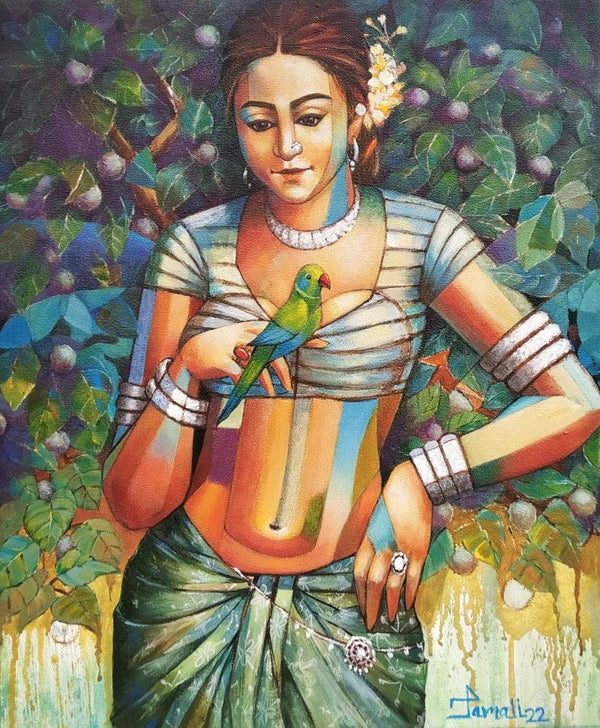 Tribal Girl With Bird Painting by Tamali Das | ArtZolo.com