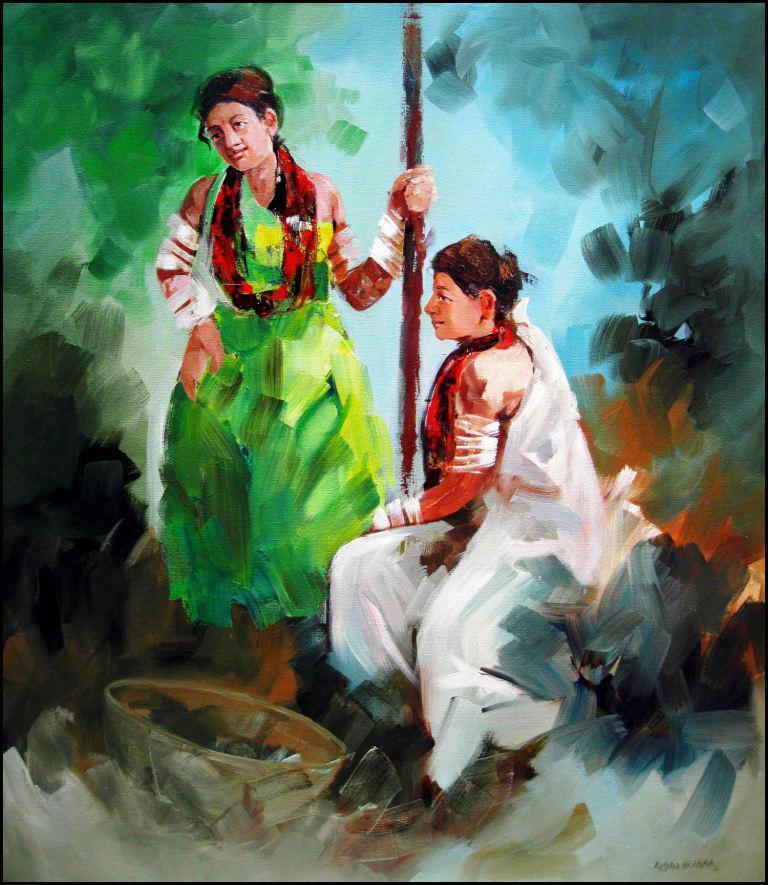Figurative acrylic painting titled 'Tribal Women', 48x32 inches, by artist Kariyappa Hanchinamani on Canvas