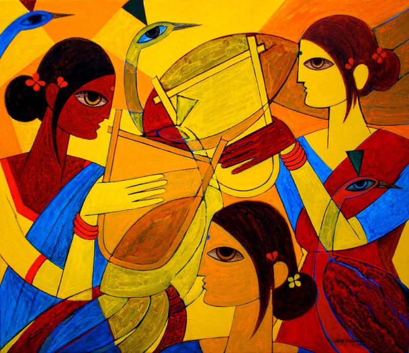 Figurative acrylic painting titled 'Tribal Women', 42x36 inches, by artist Jiaur Rahman on Canvas
