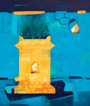 Tulsi (Shrine in the Night) by Dipak Asole, Original Oil Abstract Painting on Canvas, Large Vertical Wall Art