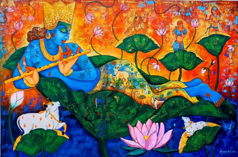 Religious acrylic painting titled 'Tune Of Love', 48x72 inches, by artist Arjun Das on Canvas