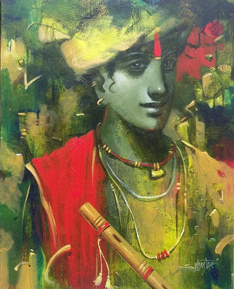 Religious acrylic painting titled 'Tune Of Love', 20x16 inches, by artist Subrata Das on Canvas