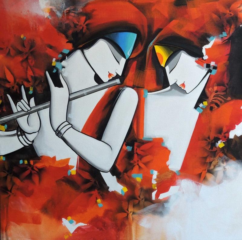 Figurative acrylic painting titled 'Tune of love', 36x36 inches, by artist Pradeesh K Raman on Canvas