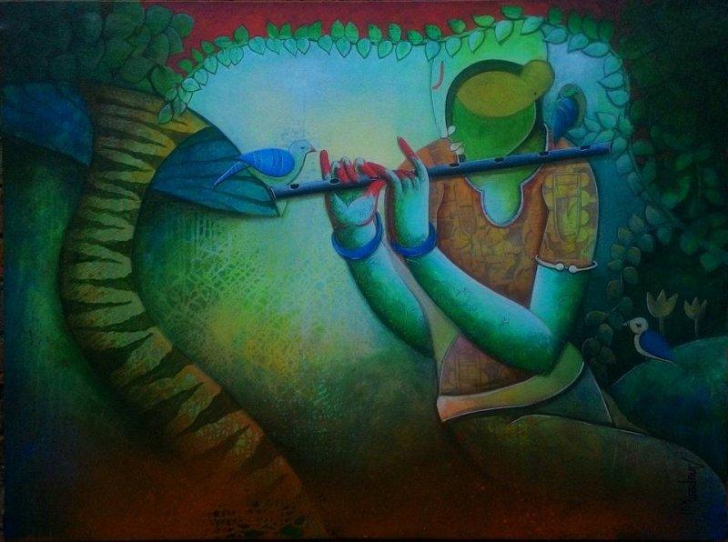 Abstract acrylic painting titled 'Tunes of devotion', 36x48 inches, by artist Anupam Pal on Canvas
