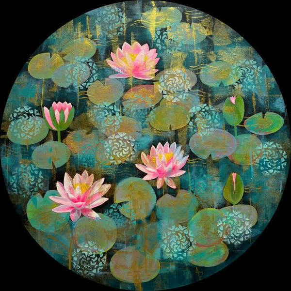 Turquoise Water Lilies Dhoop Chaanv Painting by Amita Dand | ArtZolo.com