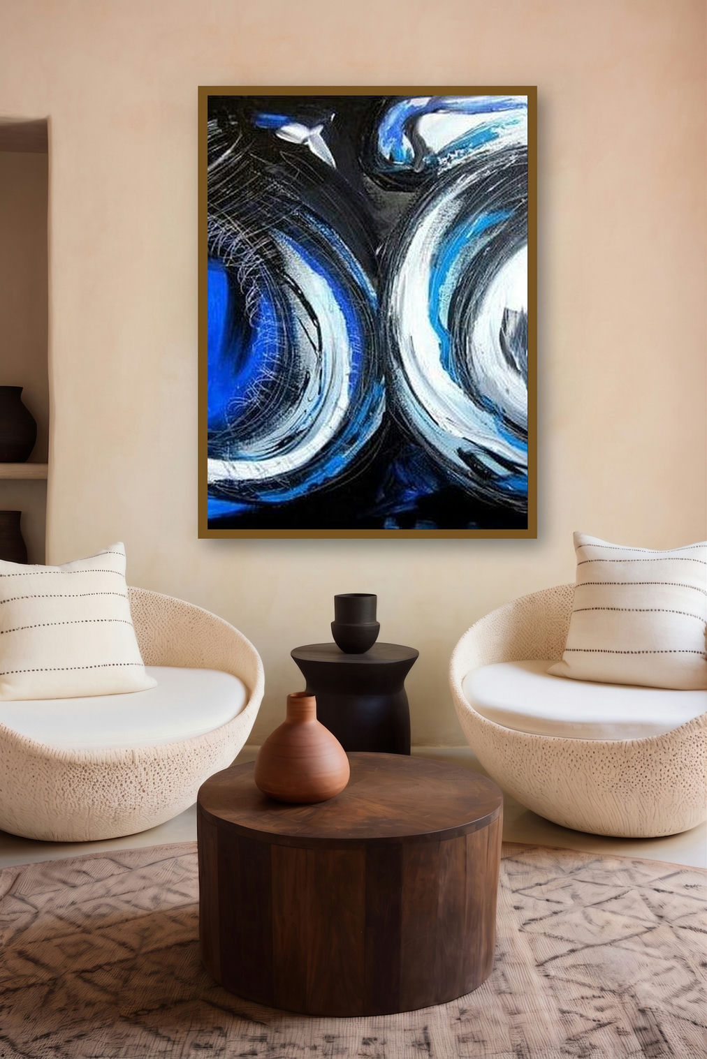 Twins (Blue Fusion) by artist Seema Kadam displayed in a Minimalist gallery