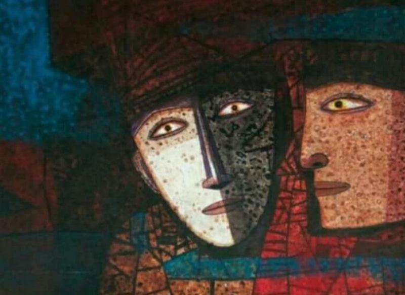 Figurative acrylic painting titled 'Two Face', 15x19 inches, by artist Mihir Kayal on Paper