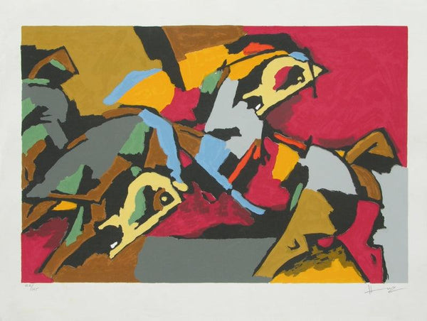 Two Horses Painting by M F Husain | ArtZolo.com