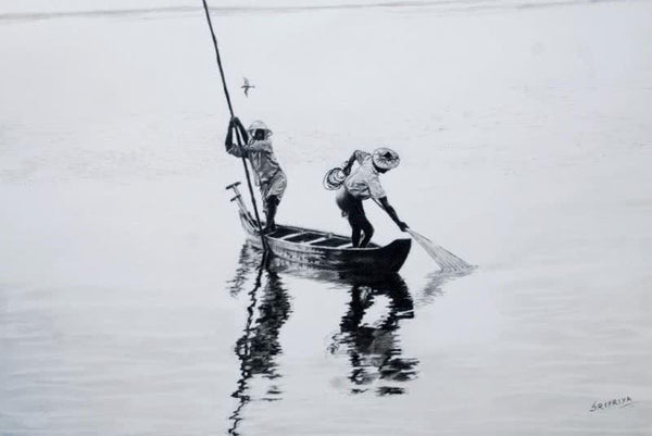 Two Men In A Boat Painting by Sripriya Mozumdar | ArtZolo.com
