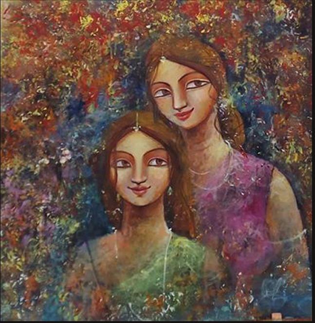Two Sisters Painting by Indrani Acharya | ArtZolo.com